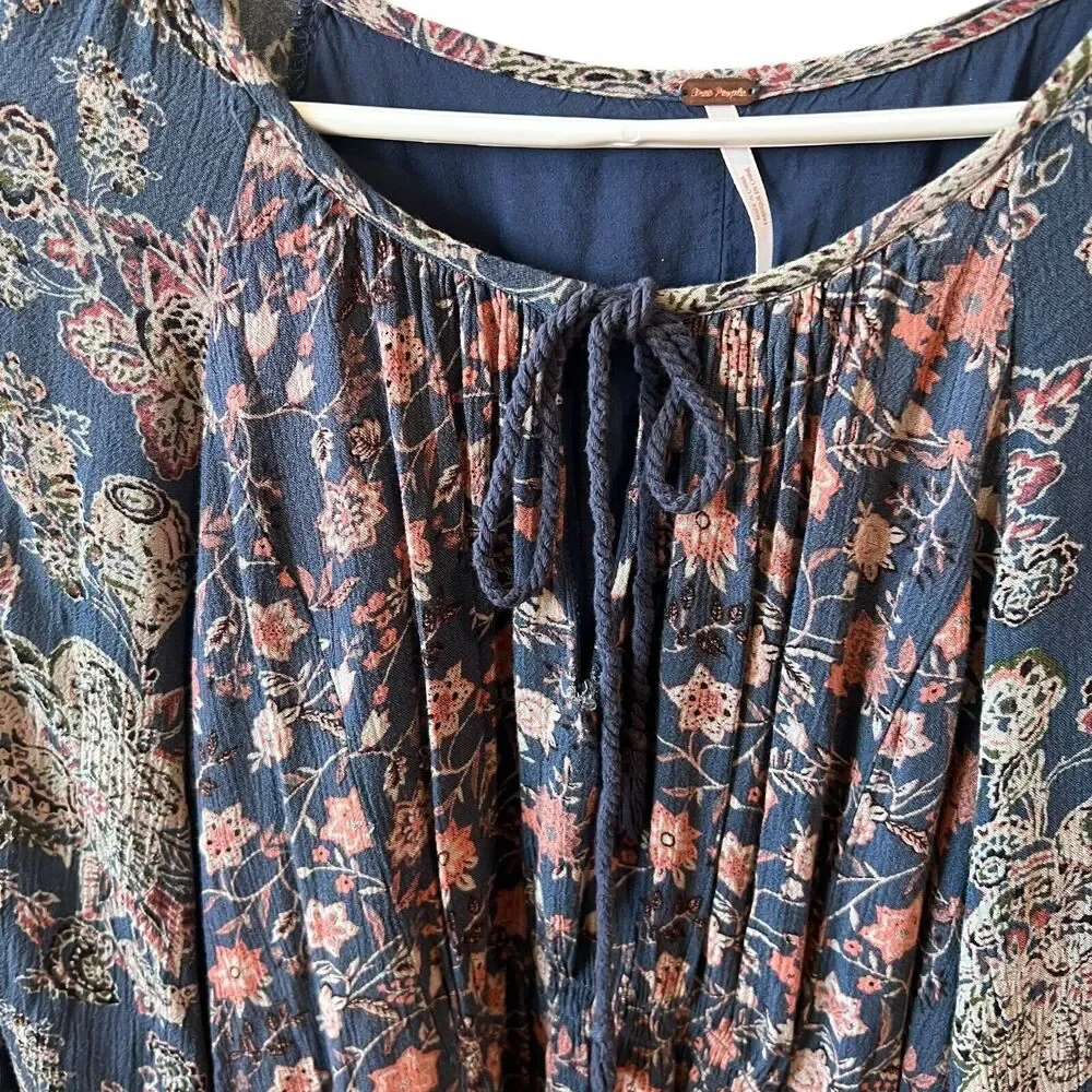 Free People Floral Long Sleeve Mini Dress‎ Womens Sz. Medium Blue Bohemian FLAW